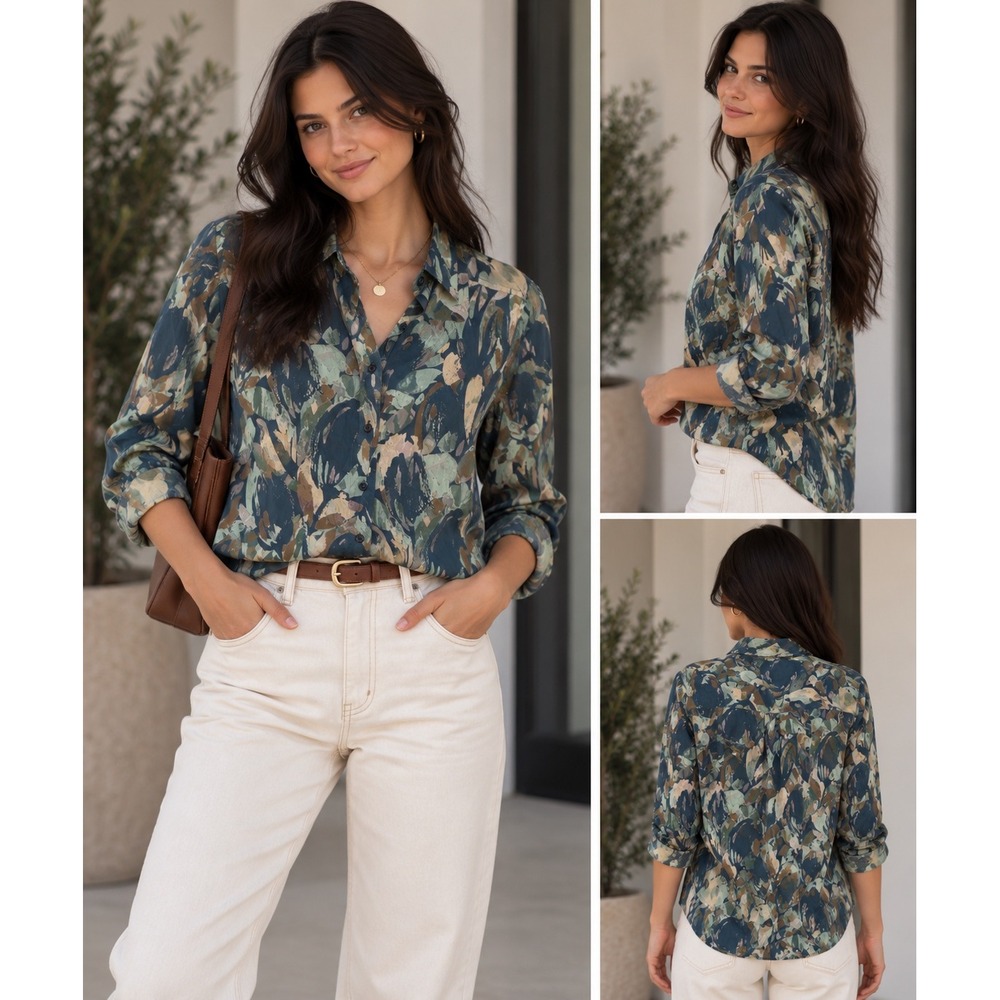 Orvis 100% Silk Floral Button Up Blouse Womens Small Blue Green